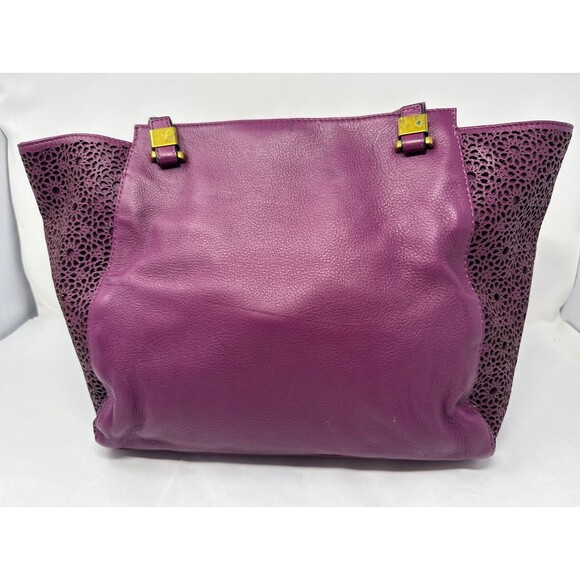 ELLIOTT LUCCA Purple Plum Lazer Pattern Cut Leather Carryall Tote Large - Picture 5 of 13